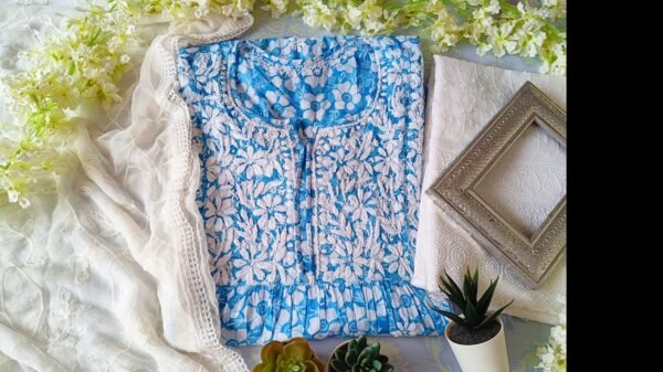 Pleasing Blue Summer Floral Nyra Cut Chikankari Outfit