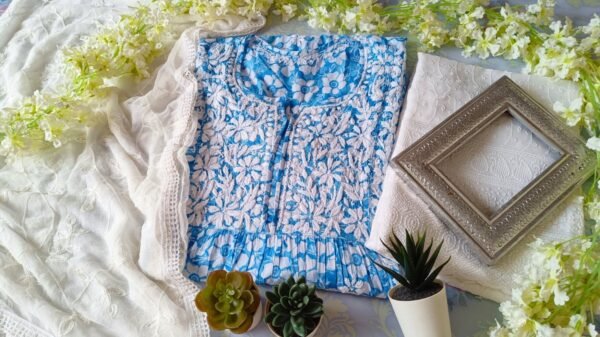 Pleasing Blue Summer Floral Nyra Cut Chikankari Outfit