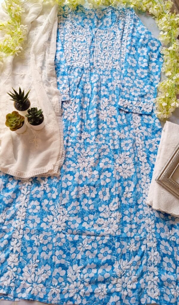 Pleasing Blue Summer Floral Nyra Cut Chikankari Outfit