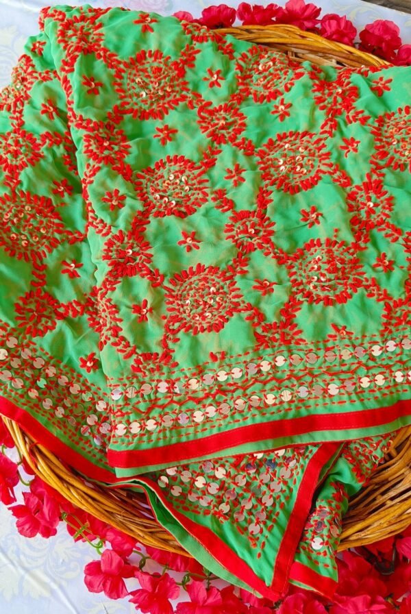 Mesmerizing Green Red Multicolor Phulkari Dupatta