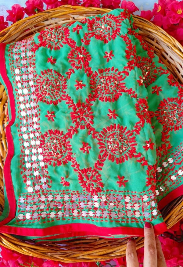 Mesmerizing Green Red Multicolor Phulkari Dupatta