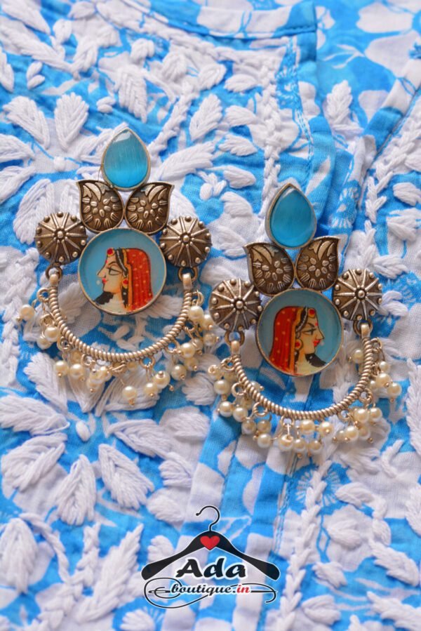 Royal Rani Style Powder Blue Multistone Tanjore Moti Earrings