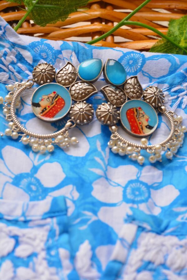 Royal Rani Style Powder Blue Multistone Tanjore Moti Earrings