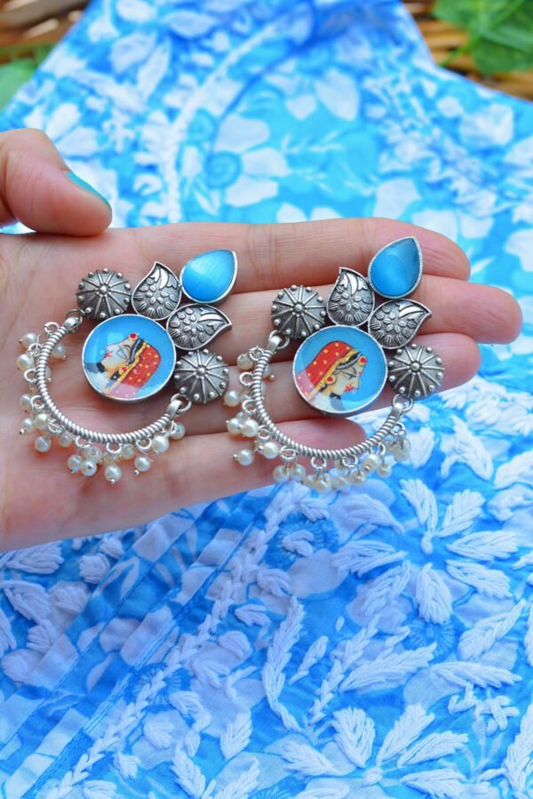 Royal Rani Style Powder Blue Multistone Tanjore Moti Earrings