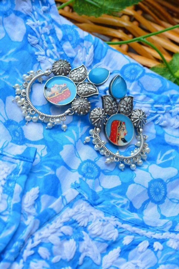 Royal Rani Style Powder Blue Multistone Tanjore Moti Earrings