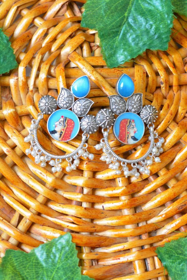 Royal Rani Style Powder Blue Multistone Tanjore Moti Earrings