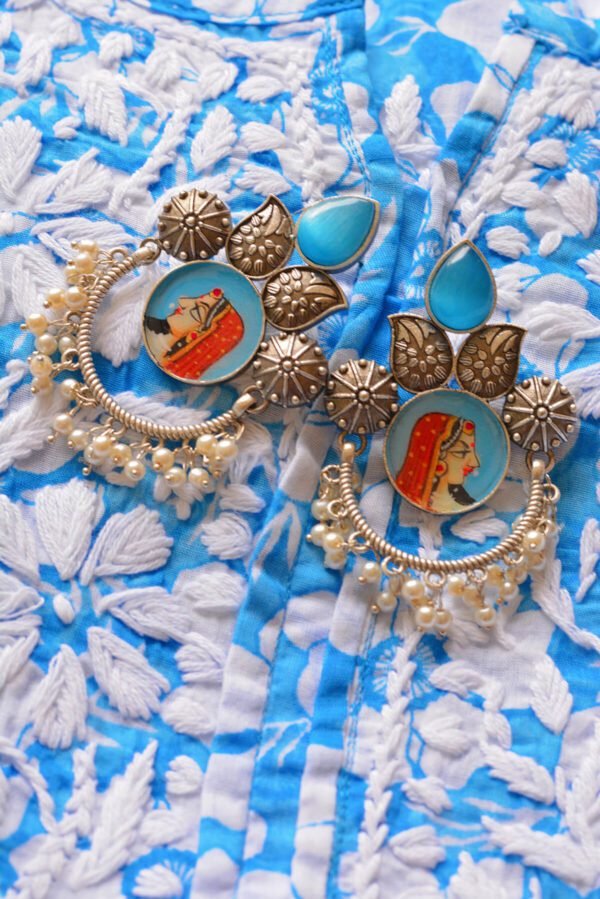 Royal Rani Style Powder Blue Multistone Tanjore Moti Earrings