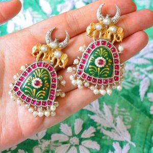 Gorgeous Antique Multistone Moon Style Tanjore Elephant Earrings