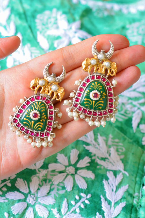 Gorgeous Antique Multistone Moon Style Tanjore Elephant Earrings