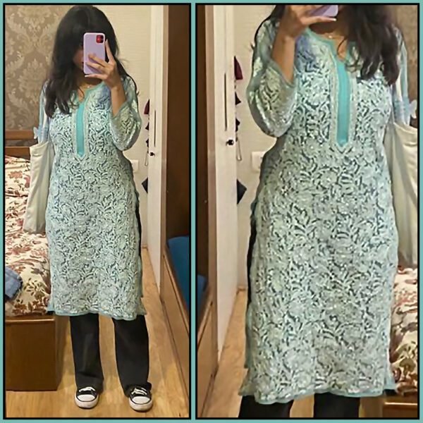 Calming Pastel Green Chikankari Kurta With Blue Denim Pants