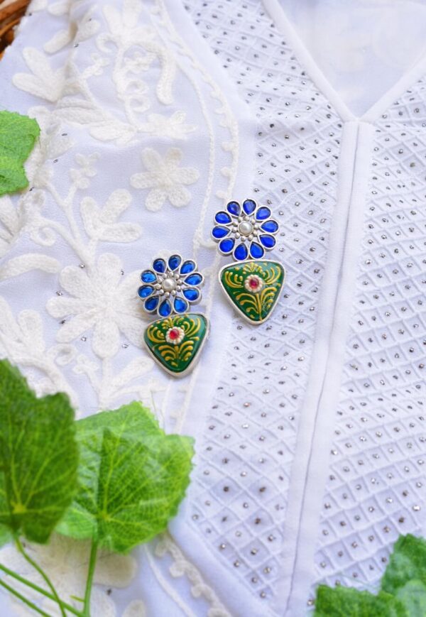 Antique Style Meenakari Blue Green Mutistone Earrings