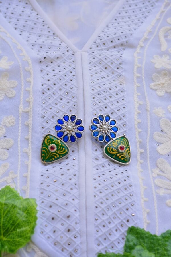 Antique Style Meenakari Blue Green Mutistone Earrings