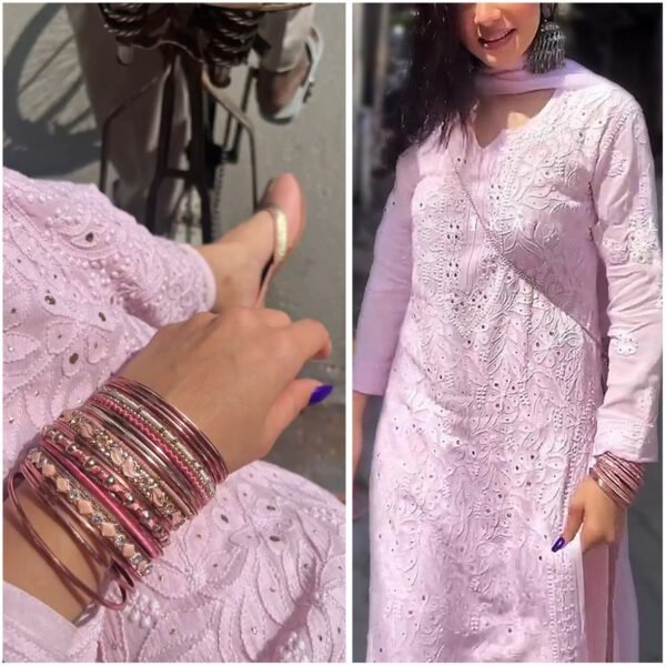 Cool Pastel Pink Pure Viscose Georgette Mukaish Chikankari Outfit