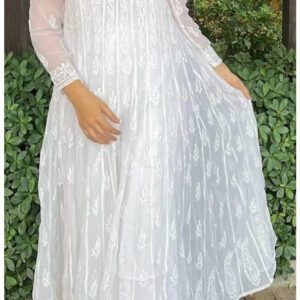 Super Gorgeous White Lucknowi Chikan Anarkali Gown