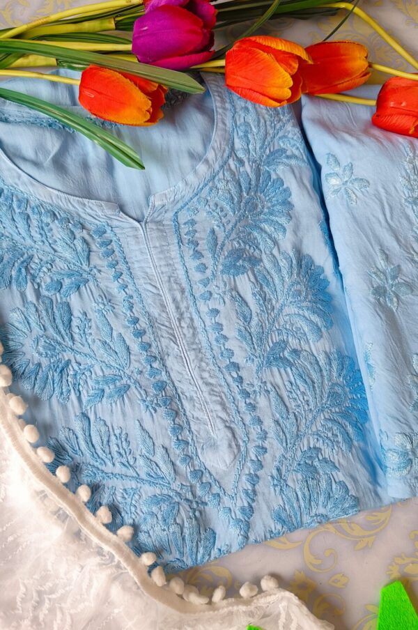 Extravagant Pastel Powder Blue Modal Chikankari Outfit