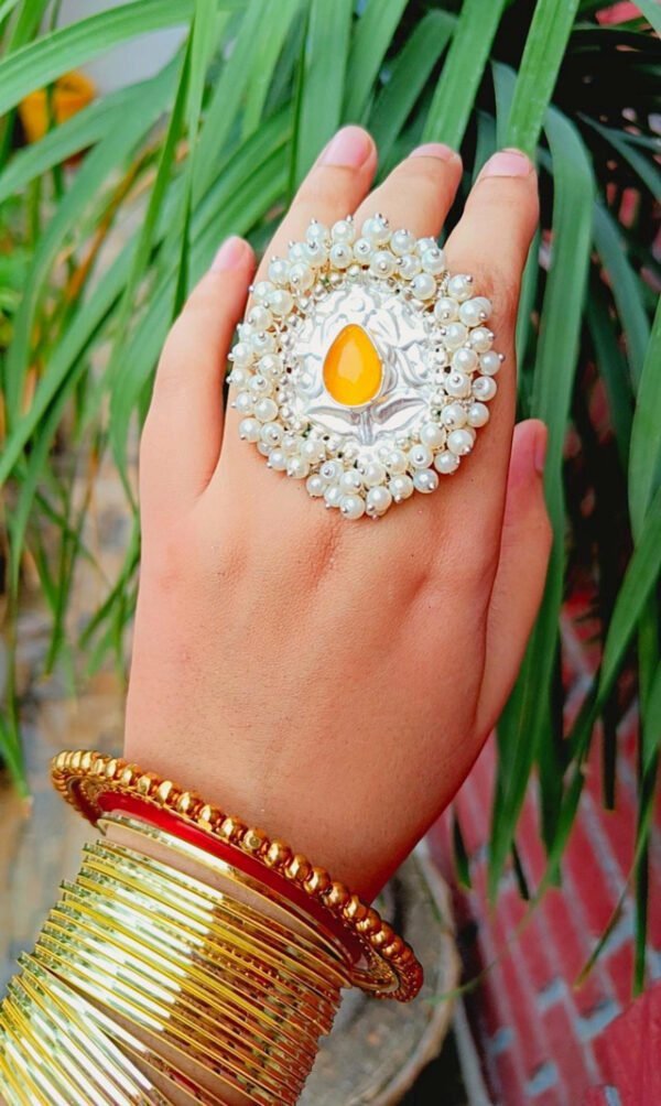 Majestic Queenly Big Circular Stone Studded Moti Ring