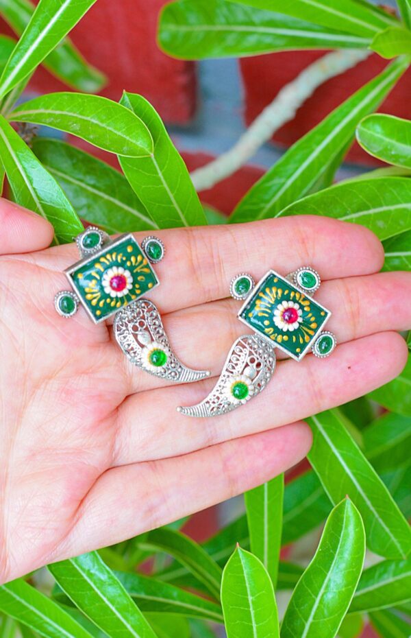 Antique Talwar Style Meenakari Green Mutistone Earrings