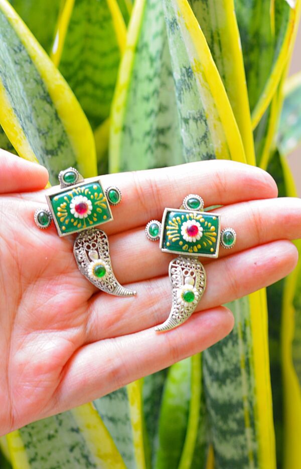 Antique Talwar Style Meenakari Green Mutistone Earrings