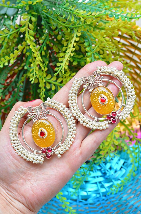 Attractive Meenakari Stone Studded Yellow Moti Butterfly Chandbalis