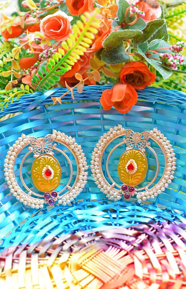 Attractive Meenakari Stone Studded Yellow Moti Butterfly Chandbalis