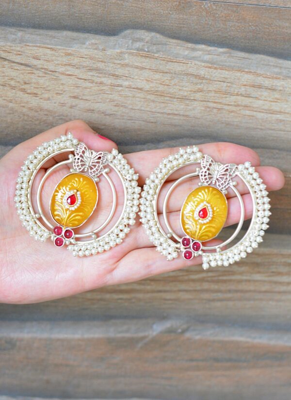 Attractive Meenakari Stone Studded Yellow Moti Butterfly Chandbalis