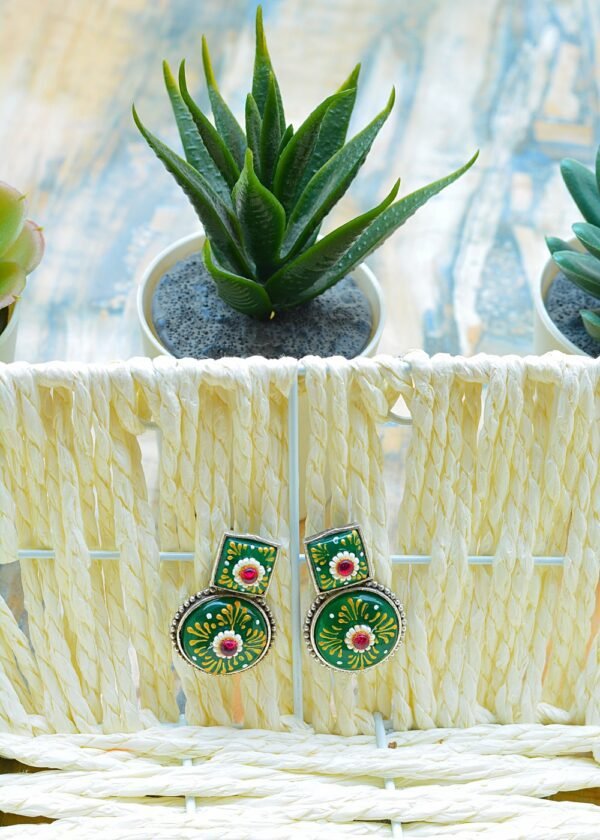 Splendid Tribal Look Meenakari Green Unique Shaped Mutistone Earrings