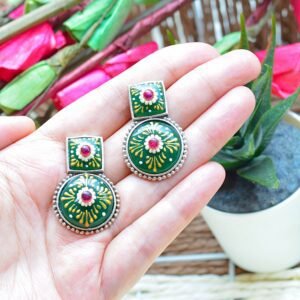 Splendid Tribal Look Meenakari Green Unique Shaped Mutistone Earrings