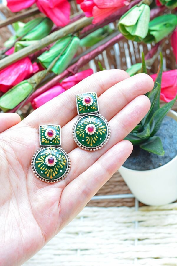 Splendid Tribal Look Meenakari Green Unique Shaped Mutistone Earrings