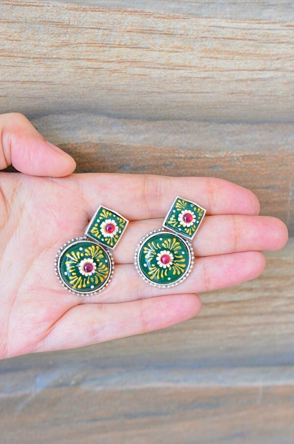 Splendid Tribal Look Meenakari Green Unique Shaped Mutistone Earrings