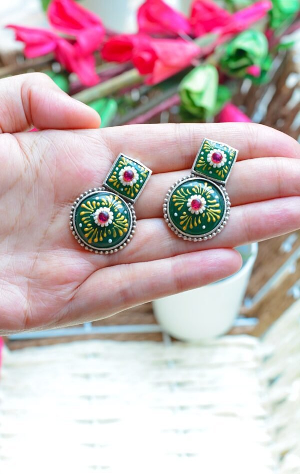 Splendid Tribal Look Meenakari Green Unique Shaped Mutistone Earrings