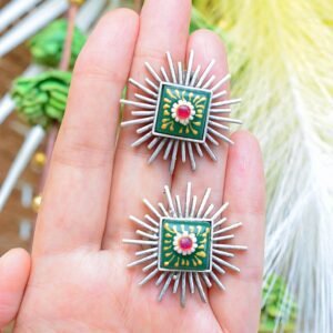 Striking Tribal Look Meenakari Green Unique Shaped Mutistone Earrings