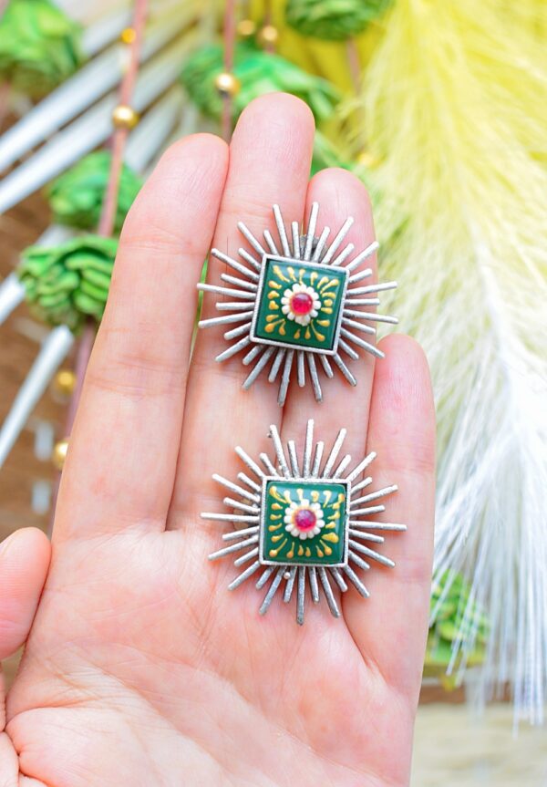 Striking Tribal Look Meenakari Green Unique Shaped Mutistone Earrings