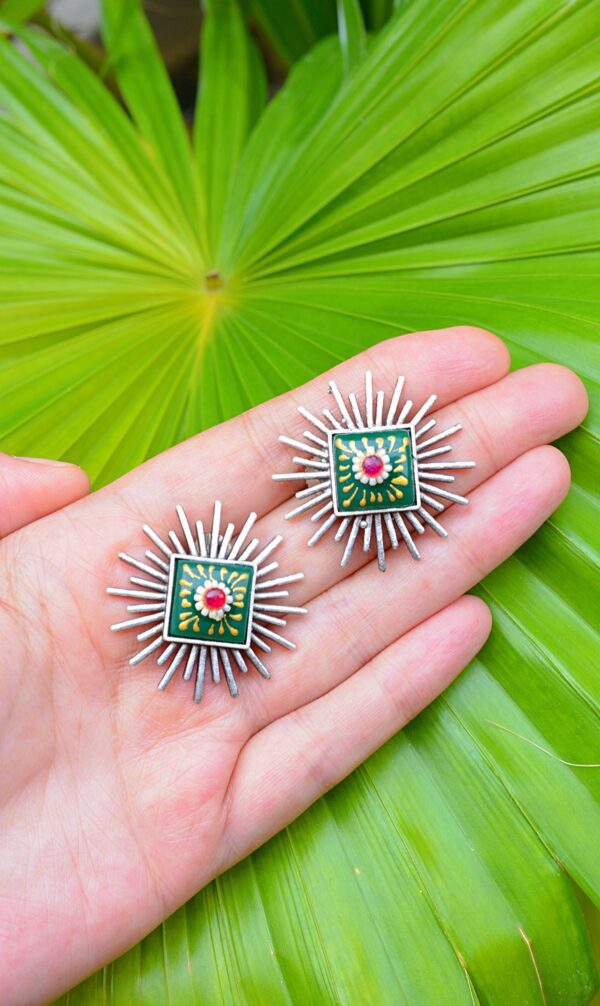 Striking Tribal Look Meenakari Green Unique Shaped Mutistone Earrings