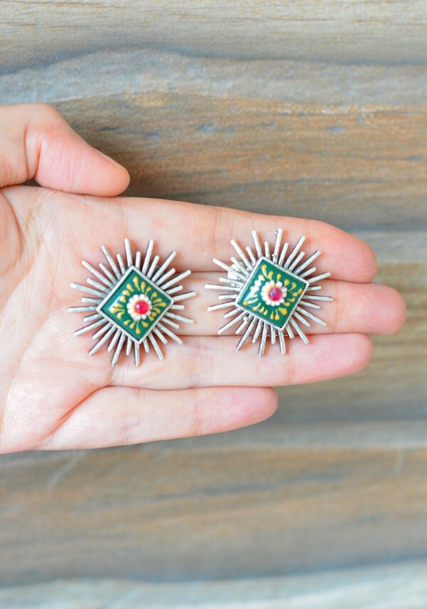 Striking Tribal Look Meenakari Green Unique Shaped Mutistone Earrings