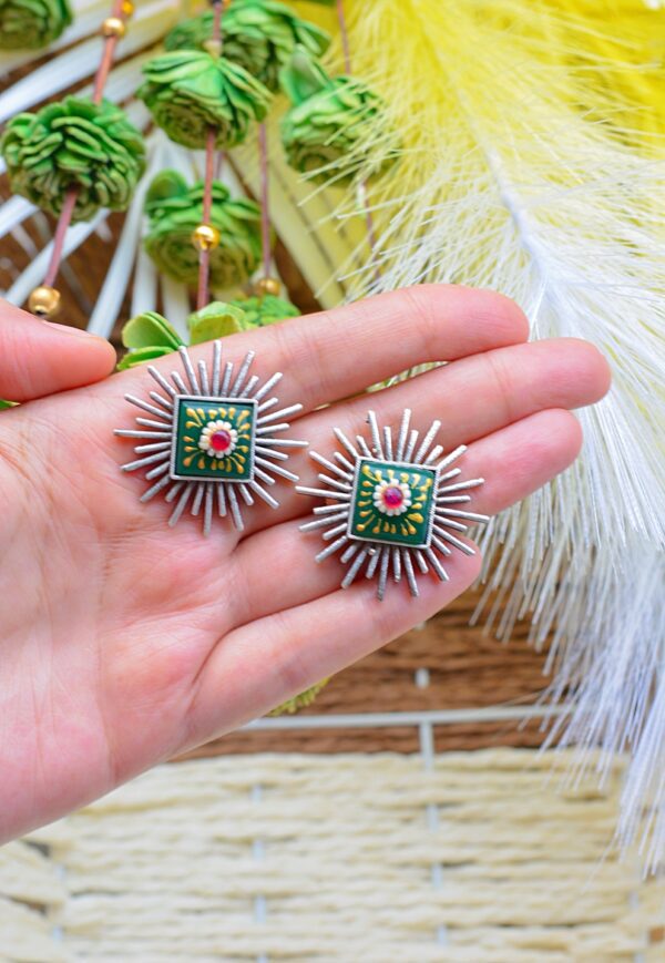 Striking Tribal Look Meenakari Green Unique Shaped Mutistone Earrings