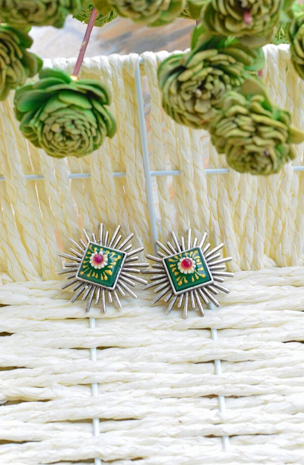 Striking Tribal Look Meenakari Green Unique Shaped Mutistone Earrings