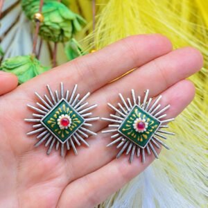 Striking Tribal Look Meenakari Green Unique Shaped Mutistone Earrings