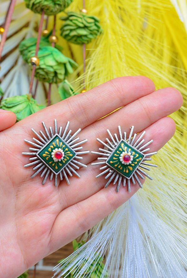 Striking Tribal Look Meenakari Green Unique Shaped Mutistone Earrings