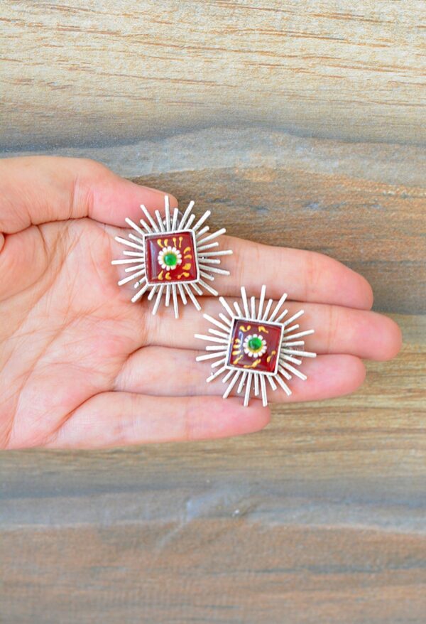 Striking Tribal Look Meenakari Red Unique Shaped Mutistone Earrings