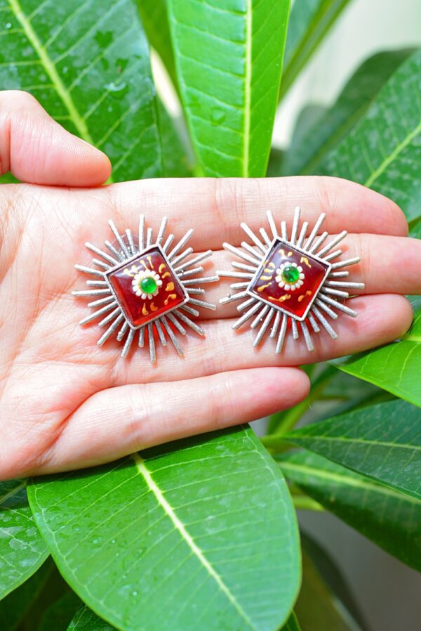 Striking Tribal Look Meenakari Red Unique Shaped Mutistone Earrings