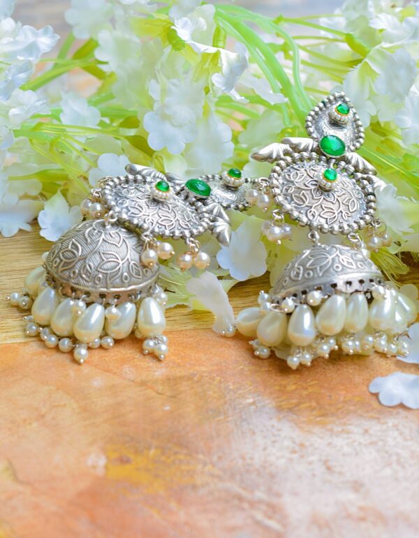 Shadi Style Silver Plated Brass Handmade Green Moti Jhumkas