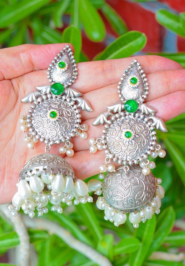 Shadi Style Silver Plated Brass Handmade Green Moti Jhumkas