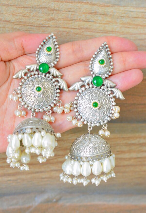 Shadi Style Silver Plated Brass Handmade Green Moti Jhumkas