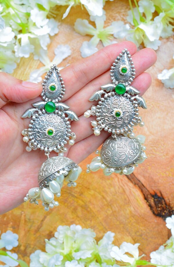 Shadi Style Silver Plated Brass Handmade Green Moti Jhumkas