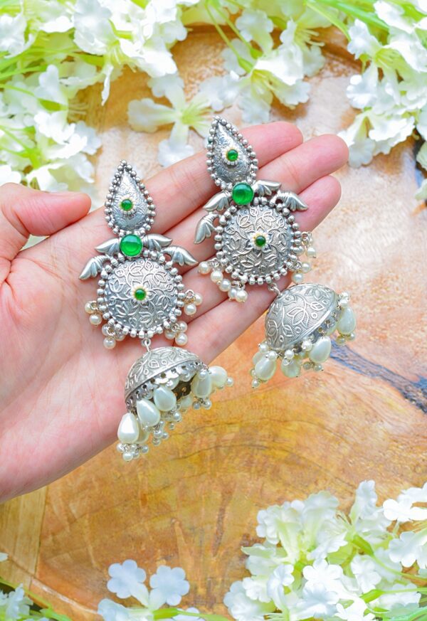 Shadi Style Silver Plated Brass Handmade Green Moti Jhumkas