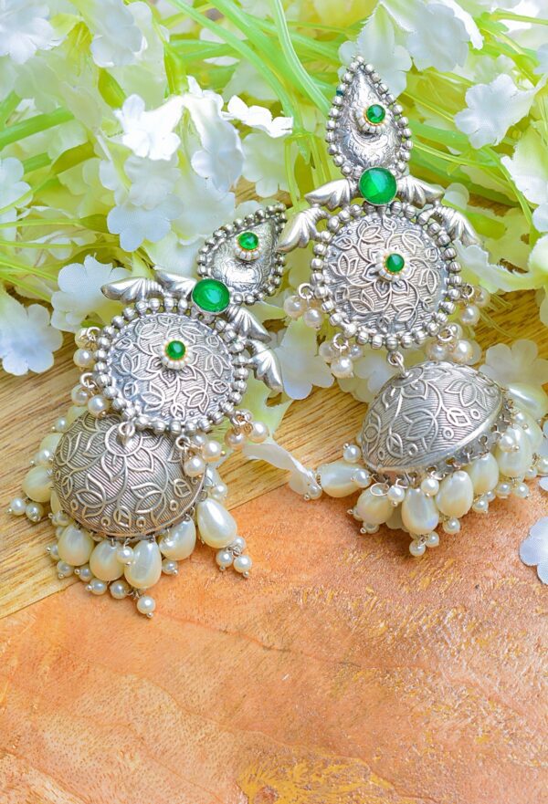 Shadi Style Silver Plated Brass Handmade Green Moti Jhumkas