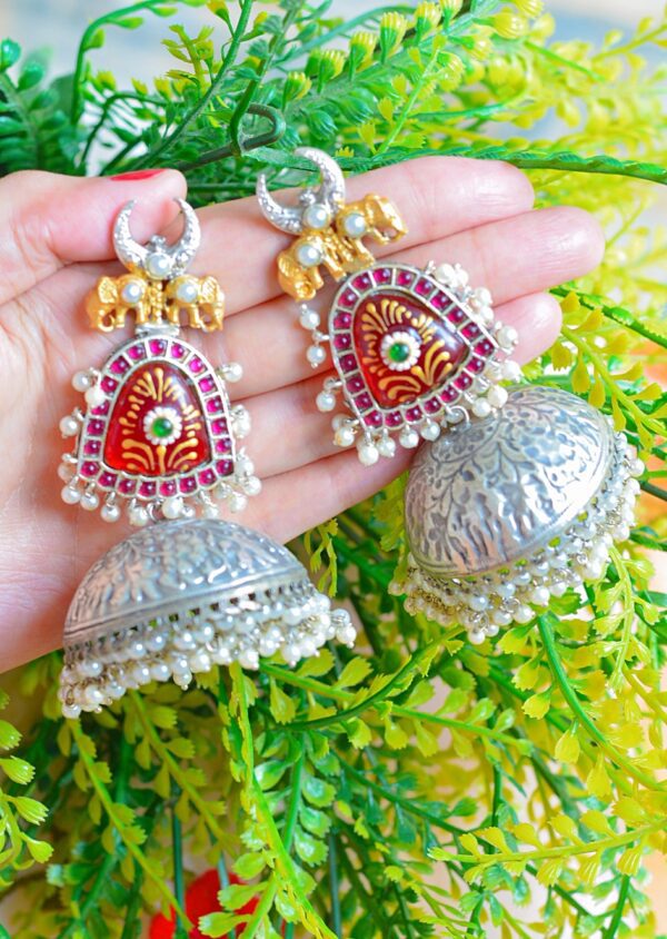 Grand Multistone Moon Style Tanjore Elephant Moti Jhumkas