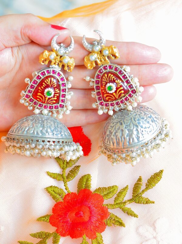 Grand Multistone Moon Style Tanjore Elephant Moti Jhumkas