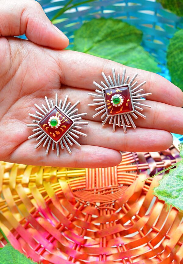 Striking Tribal Look Meenakari Red Unique Shaped Mutistone Earrings