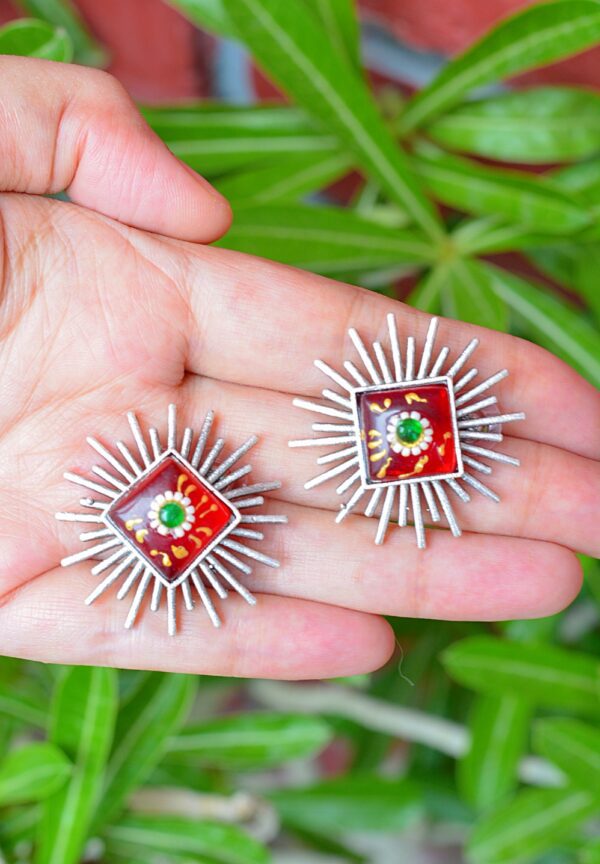 Striking Tribal Look Meenakari Red Unique Shaped Mutistone Earrings